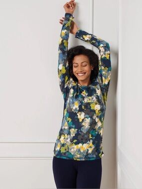 Talbots T By Talbots Blurred Floral Ruched Scoop Neck Long Sleeve Tee Size LP